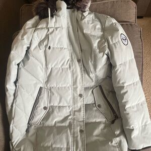 Arctic Expedition Women’s Light Sage Puffer Coat with Faux Fur Trim